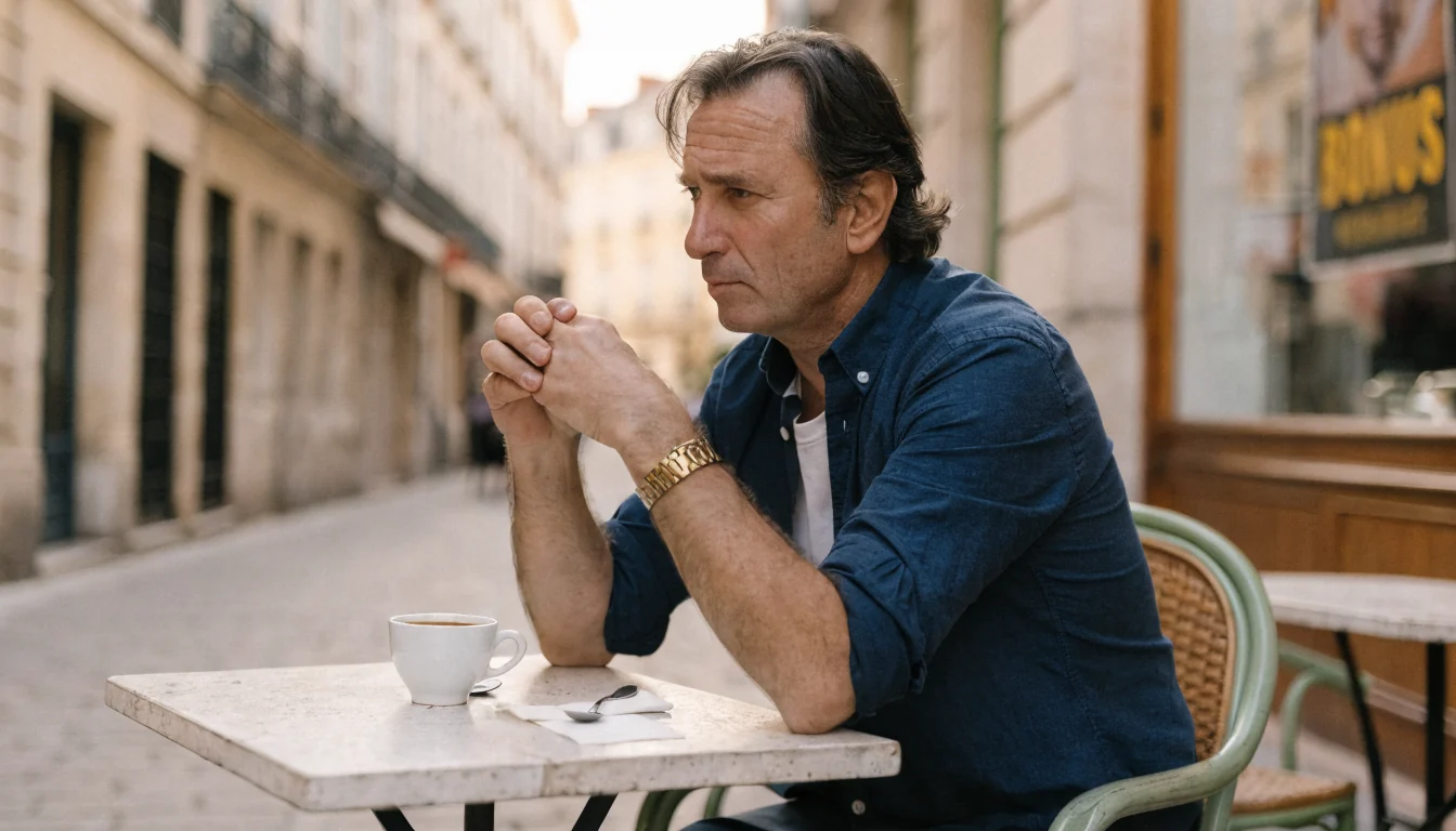 Homme pensif au café, lumière d'après‑midi douce