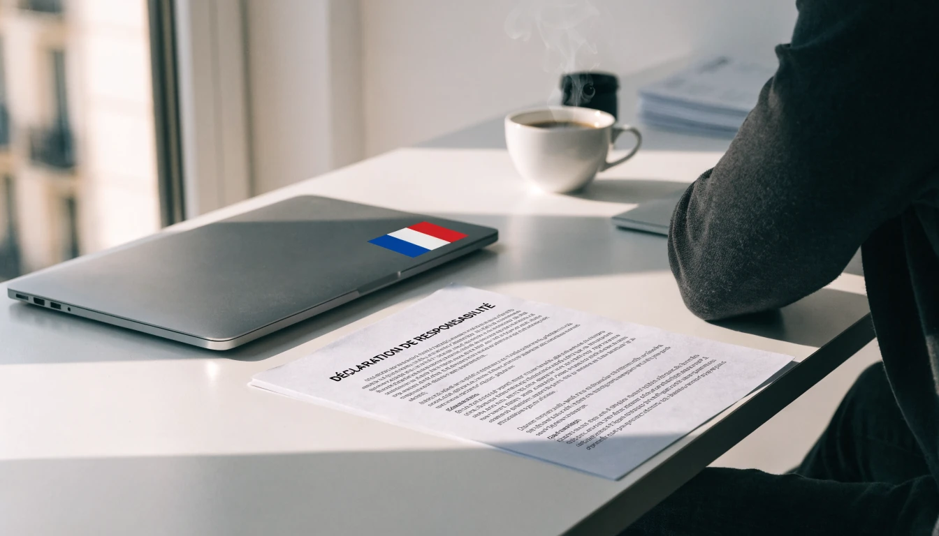 Bureau français avec document de disclaimer et drapeau, éclairage naturel.