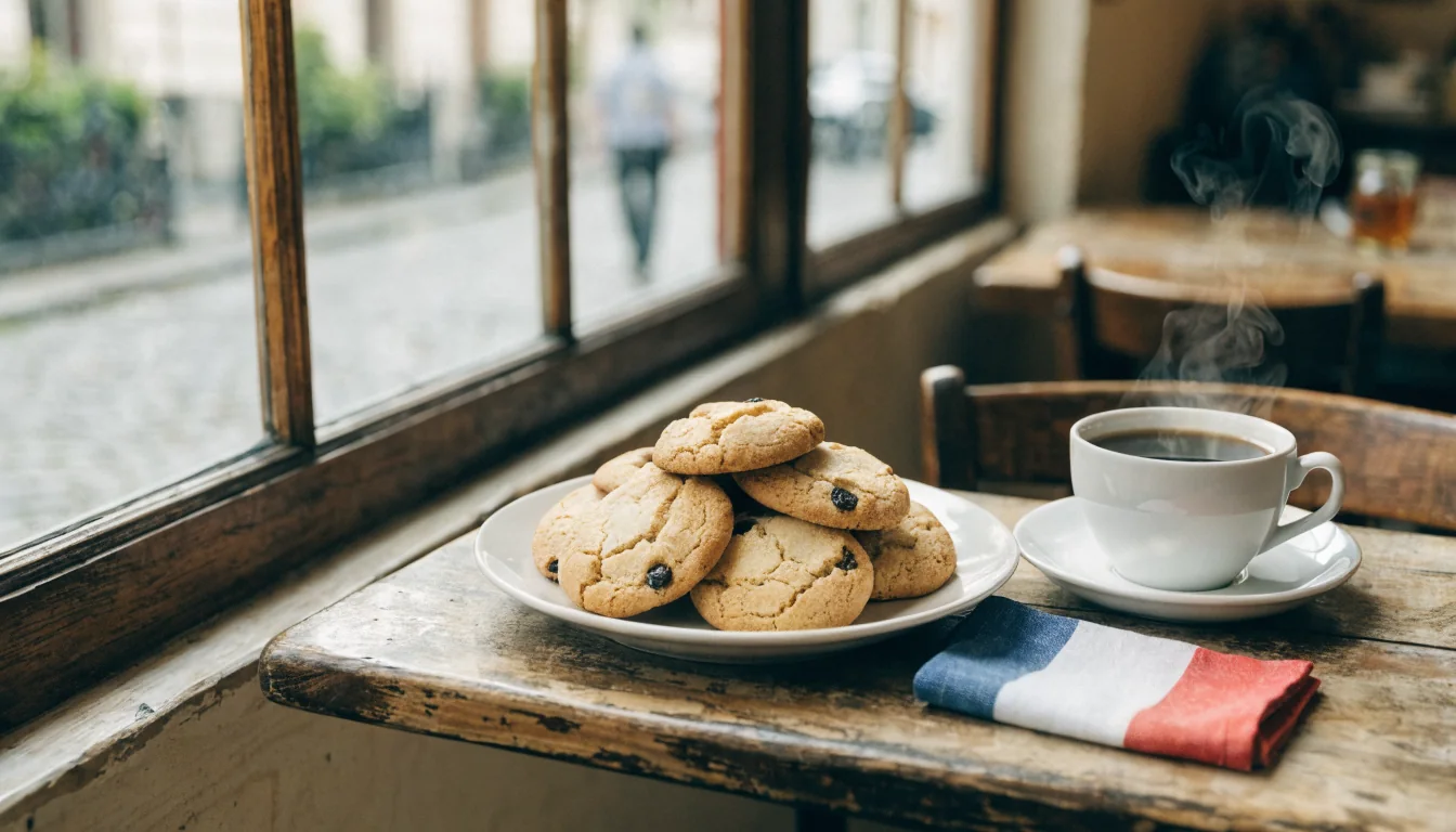 Table de café français avec des biscuits et une tasse de café sous la lumière naturelle.