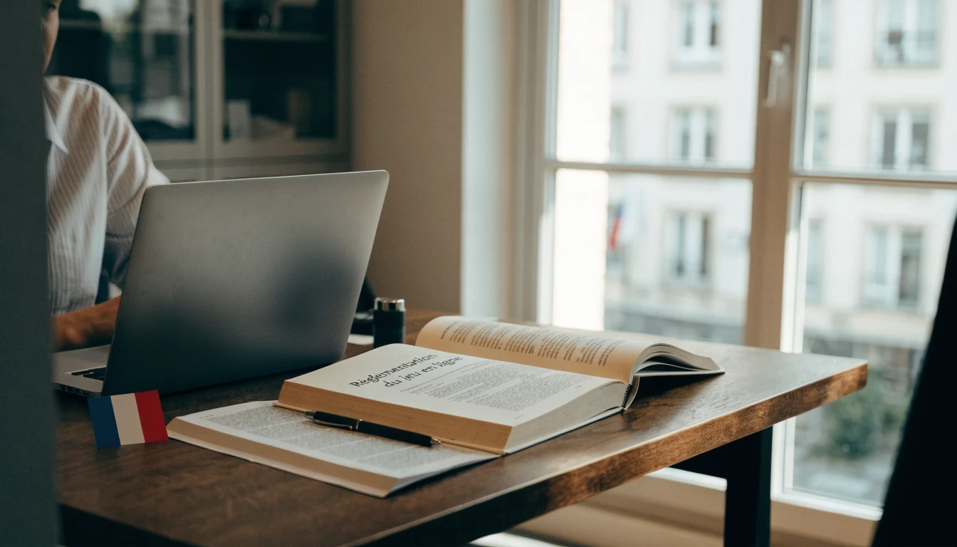 Bureau français avec drapeau, livres juridiques et ordinateur