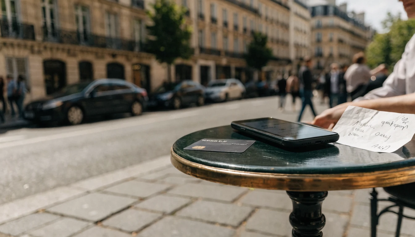Table de café avec carte, smartphone et note floue