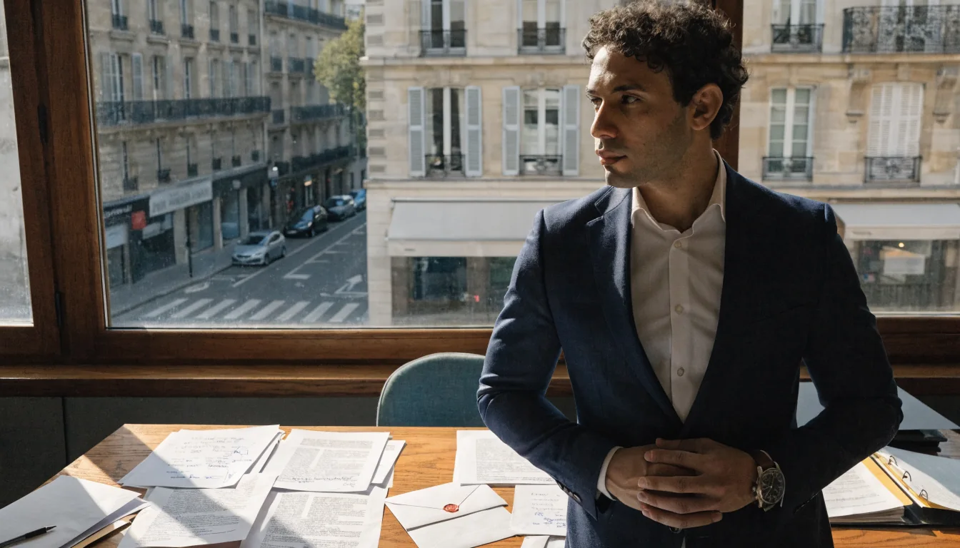 Avocat français dans un bureau moderne avec des documents juridiques.