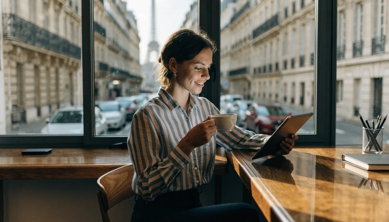 Réceptionniste française dans un bureau avec vue sur Paris