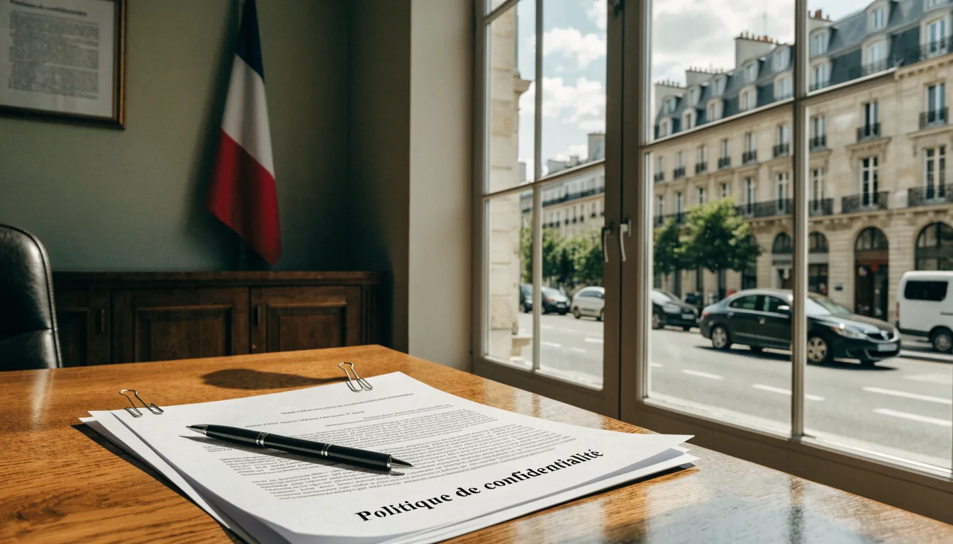 Bureau français avec documents de confidentialité, drapeau et vue de Paris