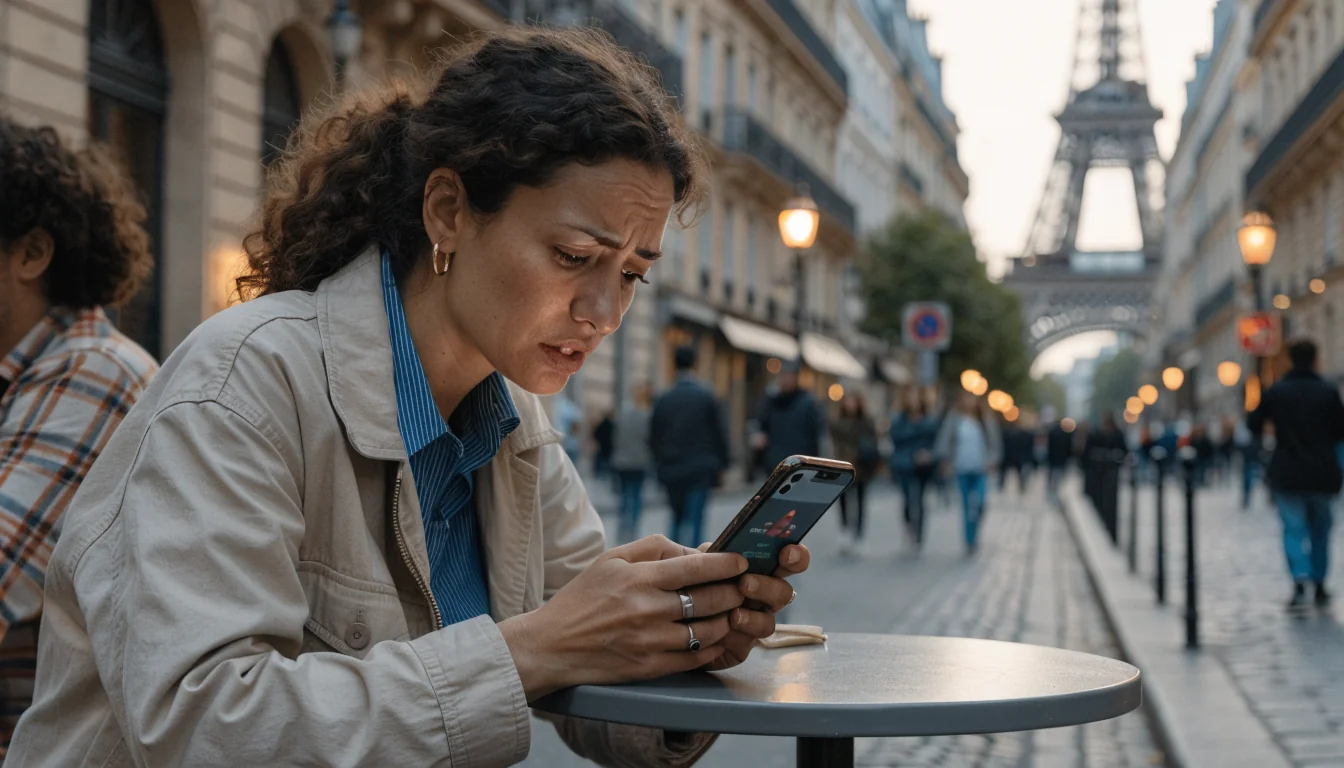 Femme française réfléchissant aux jeux d'argent dans un café parisien.